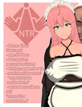 1boy 1girls 3d age_difference blue_eyes breasts character_sheet dialogue english_text erect_nipples erect_nipples_under_clothes faceless_male female from_behind hi_res high_resolution highres kaori_sakuragi_(vyrus_smith) maid maid_headdress maid_uniform male mature_male nipples older_male original pink_hair smile text ugly_bastard vyrus_smith