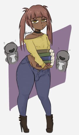 1boy 1femboy book books boots bulge bulge_through_clothing choker dark-skinned_femboy dark-skinned_male dark_skin femboy jeans jeteggs looking_at_viewer male mole mole_under_eye original original_character pink_hair pout sissy solo solo_focus solo_male sweater thick thick_legs thick_thighs twintails