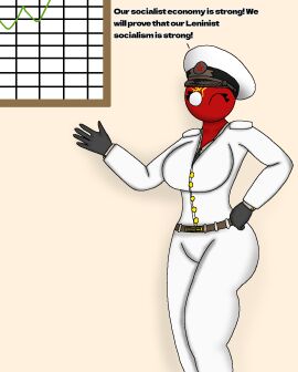 1girls ass belt big_ass breasts countryhumans countryhumans_girl countryhumans_oc english english_dialogue english_language english_text female female_only gloves graph hammer_and_sickle hand_on_hip looking_at_viewer military_hat military_uniform sablinist_russia_(the_new_order) seregamecta text the_new_order toony wink winking winking_at_viewer