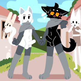 2024 2_frame_animation animated anthro balls bingo_(fringession) black_body black_fur blush bodily_fluids clothed clothing cloud cringession digital_drawing_(artwork) digital_media_(artwork) domestic_cat embarrassed erection felid feline felis fringession fur genitals group hand_holding heart_symbol legwear male male/male mammal navel neve_the_half-beast no_underwear penis public public_erection public_exposure sweat sweatdrop thigh_highs white_body white_fur yellow_eyes