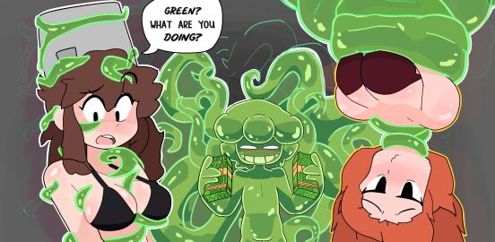 1boy 1girls 2girls black_eyes bra breasts brown_hair bucket_girl_(thecoo1estslime) bucket_hat english_dialogue english_text female green_slime greenslime_(thecoo1estslime) highres human long_hair lulucy_(thecoo1estslime) male malicious_smile medium_breasts medium_hair money orange_hair original self_upload slime slime_boy tentacle thecoo1estslime trapped upside-down