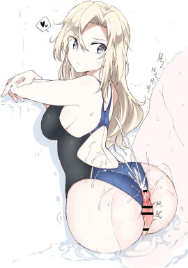 1boy 1girls after_buttjob after_ejaculation blonde_hair blue_eyes breasts bukkake buttjob buttjob_over_clothes censored closed_mouth clothed_female_nude_male competition_swimsuit cum cum_on_ass cum_on_body cum_on_clothes ejaculation female heart hornet_(kantai_collection) kantai_collection large_breasts long_hair looking_back male nude off_shoulder one-piece_swimsuit penis racerback shigino_sohuzi sideboob solo_focus spoken_heart straight swimsuit