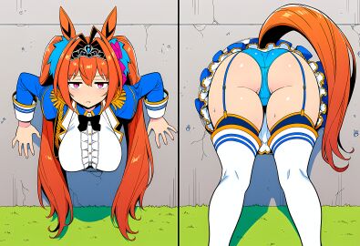ai_generated animal_ears ass ass_on_wall breasts costume daiwa_scarlet_(umamusume) female hips horse_girl pussy red_eyes ribbon_in_hair tiara twintails umamusume umamusume_pretty_derby
