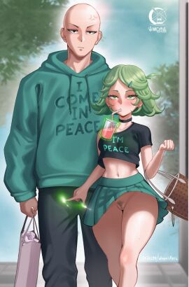 1boy 1girls bottomless_skirt female green_clothing green_eyes green_hair male one-punch_man pantyless pleated_skirt public_exposure pussy saitama smaller_female tatsumaki visible_pussy windmill_(artist)
