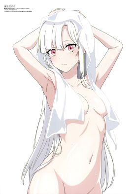 breasts female groin highres long_hair looking_at_viewer machina_soleige maou_2099 megami_magazine naked no_background nude official_art pink_eyes small_breasts white_body white_hair