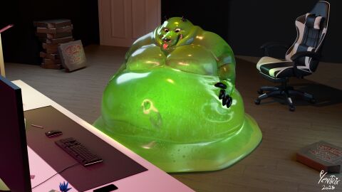 2025 3d_(artwork) absurd_res after_vore ambiguous_gender anthro bedroom belly big_belly big_moobs blender_(artwork) blob_creature blobby_mike_(yentrix) bodily_fluids bone breasts bubble container detailed_background digital_media_(artwork) english_text fatal_vore gaming_chair goo_creature green_body hi_res horn huge_belly huge_moobs inside looking_at_belly looking_down male moobs nude obese obese_anthro overweight overweight_anthro overweight_male pizza_box skull skull_head smile solo text tongue tongue_out translucent vore watermark yentrix