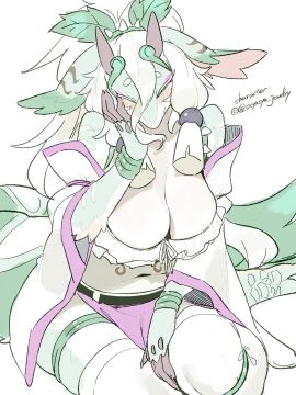 1girls 2025 5_fingers anthro blush breasts cleavage clothed clothed_anthro clothed_female clothing digital_media_(artwork) dragon female female_only fingers front_view green_body hair hi_res horn kame_3 mythological_creature mythological_scalie mythology navel scalie simple_background sitting solo white_background white_hair