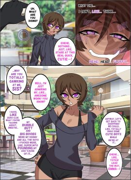 1boy bimbo bimbofication brain_drain brainwashing brown_hair bulge drooling english_text erasethismail femboy feminine_male feminization hypnosis hypnotized male male_only mind_control personality_change purple_eyes sexuality_change shopping_mall text text_bubble thick_thighs thin_waist