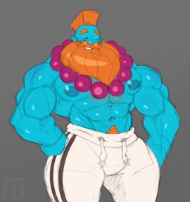 1boy bara beard bearded big_nipples blue_body bottomwear buff chest_hair color grey_background hi_res lego lego_monkie_kid male monkie_kid muscles muscular muscular_male orange_hair pants pubes pubic_hair sandy_(monkie_kid) shirtless shirtless_male smiling solo solo_focus solo_male soloemi3 soloemi_(artist) standing yaoi