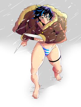1girls angry angry_expression angry_face black_hair blade blades blue_eyes blue_hair clothed clothing coat crow_art el_diario_de_jonathan female looking_at_viewer pose selene_(eddj) snow solo standing sweat thick_legs thick_thighs thighs two-tone_hair two-tone_panties underwear
