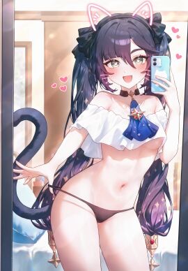 :d absurd_res adapted_costume ai_generated alternate_costume animal_ear_hairband animal_ear_headphones animal_ears aqua_eyes ascot asymmetrical_bangs bare_arms bare_legs bare_shoulders bed bedroom bikini bikini_bottom_only bikini_pull black_bikini black_choker black_hair black_hairband black_panties black_ribbon blue_ascot blue_eyes blue_hair blush breasts brooch cat_ear_headphones cat_ears cat_girl cat_tail cellphone choker clothes_pull collarbone contrapposto cowboy_shot crescent crop_top crop_top_overhang facial_mark fake_animal_ears fake_tail female female_pov frills genshin_impact gradient_hair green_eyes groin hair_between_eyes hair_ornament hair_ribbon hairband hairbow halterneck hand_up heart heart-shaped_pupils holding holding_phone indoors iphone jewelry kemonomimi_mode leaning_forward long_hair looking_at_mirror looking_at_viewer medium_breasts midriff ministro mirror mismatched_bikini mona_(genshin_impact) multicolored_hair nail_polish navel neckerchief no_bra no_headwear no_pants off-shoulder_bikini off-shoulder_shirt off_shoulder on_bed open_mouth panties panty_pull pendant_choker petite phone pillow pulled_by_self purple_ascot purple_hair reflection revealing_clothes ribbon selfie shirt short_sleeves sidelocks small_breasts smartphone smartphone_case smile solo spaghetti_strap sparkle_hair_ornament sparkle_print standing star-shaped_pupils star_(symbol) star_choker star_hair_ornament stomach strap_pull string_bikini string_panties swept_bangs swimsuit symbol-shaped_pupils symbol_in_eye tail tail_raised taking_picture thighs twintails underboob underwear very_long_hair whisker_markings whiskers white_shirt