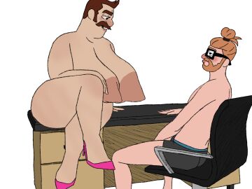 bara boxers breasts elliot_karponzi faggot fem_daddy femdaddy gay glasses high_heels kittyx3meow male male/male male_breasts male_only male_with_breasts mr._birchum office_chair pink_heels richard_birchum table what yaoi