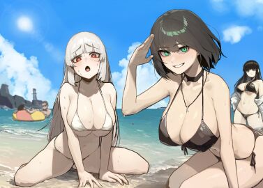 3girls beach bikini character_request embarrassed female habin_(insact) insact looking_at_viewer original outdoors smile