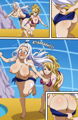 ass assisted_exposure bikini_bottom_pull bikini_pull blonde-haired_female blonde_hair blue_pegasus_mark blue_tattoo breasts embarrassed embarrassed_nude_female enf fairy_tail fairy_tail_mark female handcuffs herchi jenny_realight leg_tattoo mirajane_strauss naked naked_female pantsing shoulder_tattoo stripped stripped_naked tattoo white-haired_female white_hair white_tattoo yuri