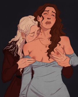 2girls alicent_hightower bite_mark biting_lip breasts breasts_out dress_pull exposed_breasts female female_only fondling fondling_breast groping groping_breasts hickey_marks house_of_the_dragon kissing_neck lesbian_sex multiple_females multiple_girls rhaenyra_targaryen valyrian yuri