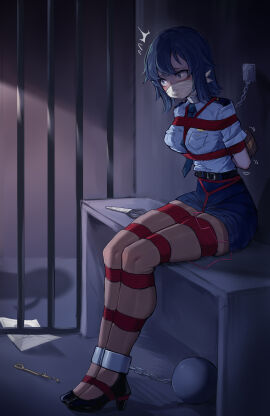 1girls absurdres arms_behind_back ball_gag belt blue_eyes blue_hair bondage bound bound_arms bound_legs breasts chains cloth_gag collar crotch_rope cuffs epaulettes female female_only gag gag_under_mask gagged handcuffs highres improvised_gag mask medium_breasts medium_hair metal_collar miniskirt original over_the_nose_gag pencil_skirt police police_uniform restrained rope shibari_over_clothes skirt xiongmao