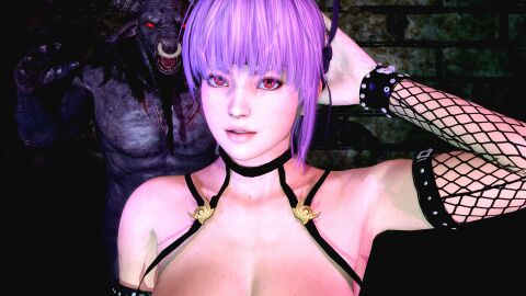 3d ayane_(doa) dead_by_daylight dead_or_alive female fishnet_armwear focus male male/female minotaur posing purple_hair red_eyes straight the_oni_(dbd) ublik
