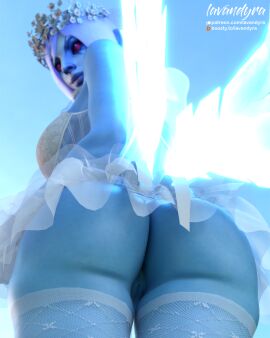 1girls 3d ass blender blue_skin blush bride dota dota_2 female flowers lavandyra looking_at_viewer outside partially_clothed red_eyes smile thighhighs thighs vengeful_spirit_(shendelzare) white_hair wings