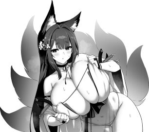 amagi_(azur_lane) amagi_(wending_waters_serene_lotus)_(azur_lane) animal_ears azur_lane bare_shoulders blush breasts choker collarbone female fox_ears fox_girl fox_tail greyscale hands_up highres hikimayu hori_(hori_no_su) huge_breasts monochrome navel official_alternate_costume official_art parted_lips sakura_empire_(azur_lane) solo stomach sweat tail undersized_clothes