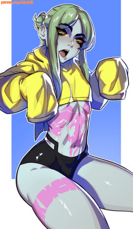 1girls 2025 2d android barely_clothed belly blue_body blue_skin breasts cyberpunk:_edgerunners cyberpunk_2077 female female_focus female_only green_hair hourglass_figure navel on_knees open_mouth rebecca_(edgerunners) red_eyes shiny shiny_skin shorts simple_background slim_waist small_breasts small_female small_waist smaller_female solo stopu tattoo tattoos thick_thighs thighs wide_hips yawn yawning