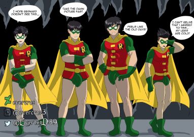 4boys abs balls bulge bulge_through_clothing damian_wayne dc dc_comics dick_grayson evercras human human_focus jason_todd male male_focus male_only muscular muscular_male penis quartet quartet_focus robin_(damian_wayne) robin_(dc) robin_(dick_grayson) robin_(jason_todd) robin_(tim_drake) speedo tim_drake