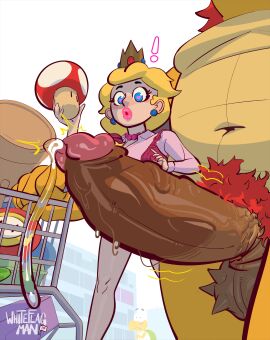 1boy 1girls 2024 5_fingers absurd_res anthro balls being_watched belly big_breasts big_penis black_eyebrows blush bodily_fluids bowser bracelet breasts brown_penis casual_nudity clothed clothed/nude clothed_female_nude_male clothing crown duo_focus ear_piercing erection exclamation_point exhibitionism eyebrows eyelashes faceless_anthro faceless_character faceless_male female female_human fingers fire_flower foreskin fungus gem genital_fluids genitals glans gold_crown green_shell grey_balls grey_bracelet group hair hammer headgear heart_eyes heart_symbol hi_res human human_on_anthro humanoid_genitalia humanoid_penis interspecies jewelry koopa larger_anthro larger_male lips long_sleeves looking_at_another looking_at_genitalia looking_at_penis looking_down male male/female male_anthro mammal mario_(series) multicolored_shell mushroom navel necklace nintendo nude nude_anthro nude_male pearl_(gem) pearl_necklace pecs penis penis_awe piercing pink_clothing pink_glans pink_jewelry pink_lips pink_necklace pink_purse pink_shirt pink_tongue pink_topwear precum princess_peach pubes public public_nudity purse raised_eyebrows red_hair red_pubes retracted_foreskin royalty scales scalie shelf shell shirt shopping_cart size_difference slightly_chubby slightly_chubby_anthro slightly_chubby_male smaller_female smaller_human snout spiked_balls spikes spikes_(anatomy) standing store surprise throbbing throbbing_penis tongue tools topwear trio two-tone_shell uncircumcised urethra vein veiny_penis white_shell whiteflagman wide_eyed yellow_body yellow_scales