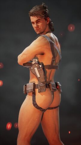 1boy 1human 3d 3d_(artwork) 3d_model dark_brown_hair gun_holsters haviksluz kurtis_stryker looking_back male male_focus male_only mortal_kombat mortal_kombat_1_(2023) muscular netherrealm_studios police_officer solo solo_focus solo_male