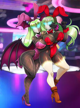 2girls absurdres alternate_costume bangs big_breasts boots breast_grab breasts bubble_butt bunny_ears bunny_girl bunnysuit capcom corruption crossover cuffs darkstalkers fake_animal_ears female female_only femsub fire_emblem fire_emblem_awakening fishnets glowing glowing_eyes green_hair groping hand_on_head head_wings high_heels huge_breasts hypnotized_hypnotist large_breasts living_costume long_hair looking_at_viewer mask megami_tensei mind_control morrigan_aensland multiple_females multiple_girls multiple_subs pantyhose persona persona_(series) persona_5 possession shadow_(persona) shadow_bunny shadow_waitress standing succubus tech_control thick_thighs thighs tiki_(fire_emblem) transformation wings wink zorro-zero