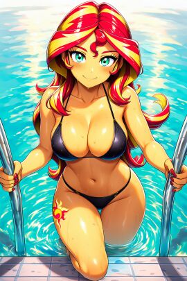 1girls ai_generated big_breasts bikini black_bikini breasts equestria_girls female female_only friendship_is_magic hasbro large_breasts looking_at_viewer my_little_pony nai_diffusion nail_polish navel novelai pool pool_ladder red_nails solo solo_female stable_diffusion sunlight sunset_shimmer swimming_pool two-tone_hair water wet wet_body