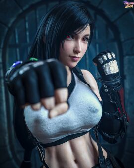 1girls 2024 3d abs alternate_body_type armband black_hair breasts clothed clothed_female covered_breasts crop_top female female_abs female_only fighting_pose final_fantasy final_fantasy_vii final_fantasy_vii_remake fingerless_gloves fit fit_female front_view gloves glowing_eyes grate huge_breasts human human_female indoors light-skinned_female lipstick long_hair midriff midriff_baring_shirt muscular muscular_female navel nipple_bulge no_nude no_nudity non-nude non_nude pillowfun pink_lipstick pokies posing punching red_eyes shorts smiling solo studded_gloves suspenders tank_top tifa_lockhart toned toned_female upper_body very_long_hair wide_hips