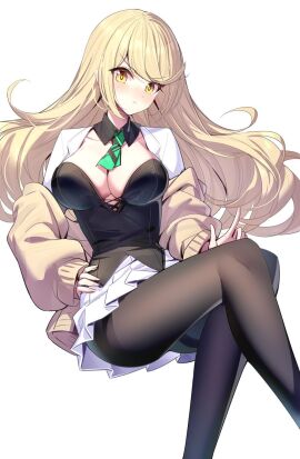 black_stockings blonde_hair breasts crossed_legs cute female