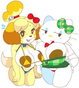 2girls animal_crossing anthro big_areola big_breasts big_nipples bra breast_press breasts breasts_out brown_nipples busty canine cassettedream clothing crossover dark_nipples domestic_cat domestic_dog dream-cassette edit erect_nipples erect_nipples_under_clothes feline female female_only hand_on_hip hello_kitty hello_kitty_(character) hello_kitty_(series) hoshime huge_areolae huge_breasts huge_nipples isabelle_(animal_crossing) kitty_white large_breasts looking_at_viewer mob_face multiple_females multiple_girls nervous_smile nervous_sweat nintendo nipple_bulge nipple_slip nipples panties sanrio sweat swimsuit thick_thighs transparent_background wide_hips
