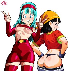 2d 2girls aqua_hair areolae ass bandana big_ass black_eyes black_hair blue_eyes blue_hair blushing bra_(dragon_ball) bra_briefs breasts breasts_out clothes_lift curvy cute dragon_ball dragon_ball_gt female female_only flat_chest flat_chested godvore hairband hands_on_hips large_ass light-skinned_female light_skin long_hair looking_at_viewer looking_back medium_breasts narrowed_eyes nipples pan_(dragon_ball) panties pants_down petite red_thighhighs rosy_cheeks shirt_lift simple_background skindentation small_breasts smile smiling smiling_at_viewer standing teenager thick_ass thick_thighs thighhighs thighs thong tomboy turquoise_hair very_high_resolution white_background young young_female younger_female