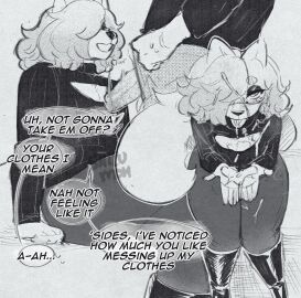 2024 andy_(shizumoh) anthro arctic_fox canid canine chest_tuft cleavage_cutout clothed clothed_sex clothing cutout digital_drawing_(artwork) digital_media_(artwork) duo ejaculation english_text eyewear fox furry genitals glasses greyscale halftone hi_res kinktober_2024 legwear male mammal monochrome penis sex shizumoh sweater text thigh_highs topwear trans_man transmasc true_fox tuft