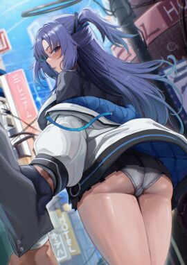 1boy absurdres ass black_gloves black_halo black_jacket black_skirt blue_archive blush breasts cityscape commentary english_commentary female from_behind gloves grey_jacket halo highres holding_another's_wrist jacket kuutamo large_breasts long_hair looking_at_viewer miniskirt open_mouth panties purple_eyes purple_hair pussy_juice shirt sidelocks skirt two_side_up underwear white_jacket white_panties white_shirt yuuka_(blue_archive)