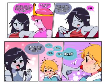 1boy 2girls adventure_time blush cartoon_network cherry comic comission drool drool_string female finn_the_human flustered male marceline pink_body pink_hair pink_skin princess_bubblegum quavernsfw saliva saliva_trail sweating tagme