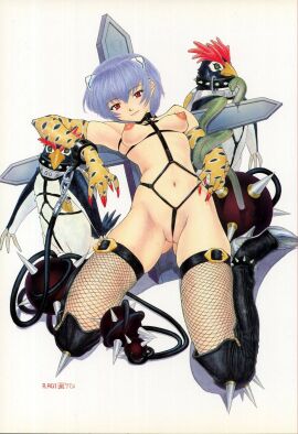 asanagi_aoi ayanami_rei between_labia bird blue_hair bondage bound breasts cat_ears cat_girl catgirl cleft_of_venus cross crotch_rope cuffs elbow_gloves female female_focus fishnet_thighhighs fishnets gloves looking_at_viewer medium_breasts neon_genesis_evangelion nipples nude penguin penpen petplay pussy red_eyes rei_ayanami shackles short_hair simple_background smile snake solo thighhighs uncensored white_background