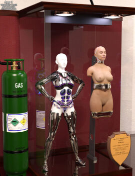 1girls 3d amputee bald bald_female completely_nude cyborg cyborg_girl female female_only mannequin nude nude_female original quadruple_amputee solo superheroine thejpeger trophy_case
