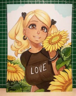 black_shirt blonde_hair breasts brown_eyes cutting_mat dark-skinned_female dark_skin earrings female flower gyaru hair_tie highres jewelry komi-san_wa_komyushou_desu large_breasts manbagi_rumiko marker_(medium) omar_dogan open_mouth outdoors photo_(medium) shirt signature sky solo sunflower sweat tan teeth traditional_media twintails upper_teeth very_sweaty wavy_hair