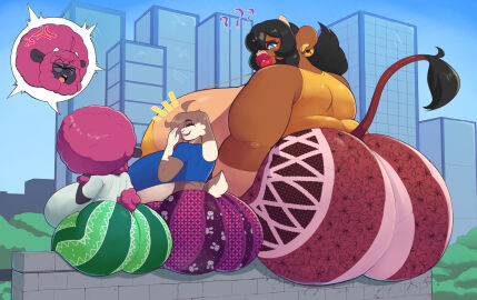 alex_(eikasianspire) angry_expression back_view big_ass big_breasts big_lips breasts bunny_ears bunny_tail busty_male chloe_(eikasianspire) city city_background cityscape clothed clothed_female confusion cow_girl cow_tail cracking_wall ear_piercing ear_ring eikasianspire ewe exposed_boobs exposed_midriff female female_only fluffy_hair furry giant_ass giant_breasts hair_over_one_eye huge_ass huge_breasts hyper_breasts laughing male male_with_breasts mocha_(eikasianspire) multiple_characters multiple_females multiple_girls noeticchasm painted_nails pants pattern_clothing pattern_legwear pattern_pants question_mark sheep_girl sheep_horns sheep_tail shortstack size_difference