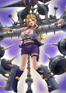blonde_hair breasts byser_shock covered_nipples crucifixion duel_monster electricity electrostimulation female imminent_electrostimulation jacket kujaku_mai large_breasts long_hair looking_at_viewer midriff miyakura_haruto navel open_mouth purple_eyes purple_jacket purple_skirt restrained shirt skirt sparks stationary_restraints viser_des white_shirt yu-gi-oh!
