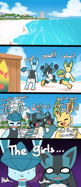 ... 3boys ? anthro anthro_only beach burgerkiss clothed clothed_male clothes clothing dwayne_”the_rock”_johnson english english_text fully_clothed funny glaceon happy humor imminent_sex leafeon lucario male male_only nervous pokemon pokemon_(species) pokémon_(species) prologue shock shocked shocked_expression shocked_eyes summer surfboard surprised surprised_expression surprised_face sweat sweatdrop sweating text worried worried_expression worried_expressions worried_face worried_look worry