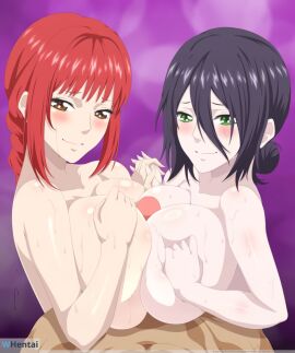 1boy 2girls big_breasts big_penis blush breast_grab breasts chainsaw_man female green_eyes makima_(chainsaw_man) male masturbation paizuri penis purple_hair red_hair reze_(chainsaw_man) sex sweat