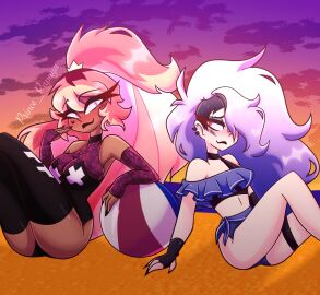 2girls beach beautiful beautiful_background bikini female female_only helluva_boss human_loona human_verosika_mayday loona_(helluva_boss) majestic not_porn prince_papaya swimsuit tagme verosika_mayday_(helluva_boss)