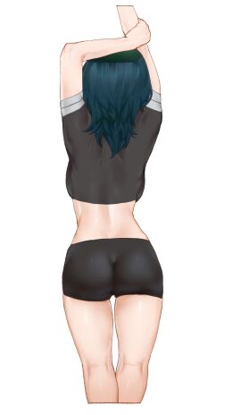 1girls arm_up arms_up ass back backboob bike_shorts black_shirt black_shorts breasts byleth_(fire_emblem) byleth_(fire_emblem)_(female) facing_away female female_only fire_emblem fire_emblem:_three_houses flexing from_behind green_hair highres medium_breasts nintendo s_oxox see-through see-through_shirt shirt shorts simple_background solo standing teal_hair white_background