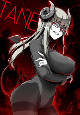 arms_crossed arms_under_breasts black_and_white breasts demon demon_girl demon_horns demon_tail ebiblue female glasses glowing_eyes indie_virtual_youtuber red_eyes smirk succubus tane_tenshi virtual_youtuber vtuber