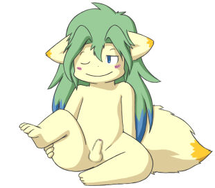 4_toes anthro balls bent_leg blue_eyes blue_hair bluescape735 blush censored censored_genitalia censored_penis dragon erection feet fur furred_dragon furred_scalie genitals green_hair hair happy humanoid_genitalia humanoid_penis male mythological_creature mythological_scalie mythology one_eye_closed one_eye_half-closed penis presenting raised_leg scalie simple_background sitting solo tail toes white_background yellow_body