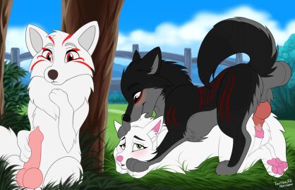 2d_animation animal_genitalia animal_penis animal_pussy animated balls balls_deep blush bodily_fluids canid canine canine_genitalia canine_penis canine_pussy canis cum cum_inside cum_on_penis cumshot ejaculation fan_character female feral fox genital_fluids genitals group male male/female mammal masturbation mohitopaw okami_wolf pawpads paws penetration penis pussy sex trio vaginal_penetration wolf