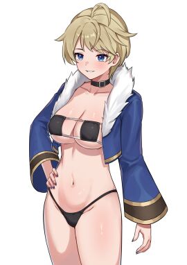 1girls absurdres ahoge alternate_costume bikini black_bikini black_choker black_swimsuit blonde_hair blue_eyes blue_jacket blue_nails breasts choker cleavage commission corniecorny eyepatch_bikini female female_only fire_emblem fire_emblem_engage fur-trimmed_jacket fur_trim gold_trim hand_on_own_hip highres jacket merrin_(fire_emblem) messy_hair nail_polish navel nintendo non-web_source short_hair sideboob smile solo swimsuit underboob very_short_hair