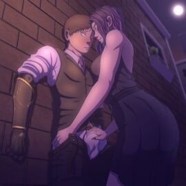 1boy 1girls against_wall assertive_female boner boner_in_pants boner_in_underwear bulge bulge_through_clothing chisaki_kai erection_under_clothes face-to-face female femdom handjob kai_chisaki kaina_tsutsumi lady_nagant male male/female moon moonlight my_hero_academia outdoors outside overhaul purple-haired_female purple_hair robotic_arm rubbing_bulge straight tsutsumi_kaina villain